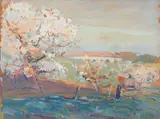 Arthur Dominique Rozaire, Apple Blossoms, Landscape with Wildflowers and A Woman in Green Holding Flowers (a group of three), first and second oil on panel, third oil on canvas laid to artist's board