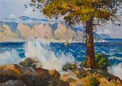 Hernando Gonzallo Villa, California Coast with Crashing Waves, oil on canvasboard