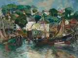 Shirley Marie Russell, Harbor Scene, oil on canvasboard