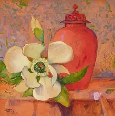 Dana Bartlett, Magnolia and Chinese Jar, oil and pencil on board