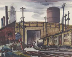 Dorothy Sklar, Outfit Cars and Tunnel (with a View of City Hall), watercolor on paper