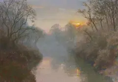Fredric Dalkey, Last Winter Light: Reflection on the River in the Mist, oil on canvas