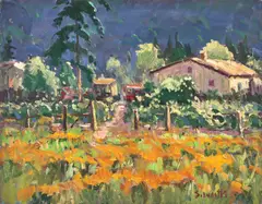 Silvio Silvestri, Poppies (House with a Fence), oil on canvas laid to board