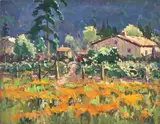 Silvio Silvestri, Poppies (House with a Fence), oil on canvas laid to board