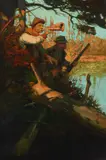 Moose Hunters in a Wooded Landscape by American School, oil on board, offered Nov 2023