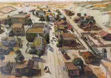 American School, Aerial View of a Western Town on a Studio Lot, circa 1940, mixed media on paper