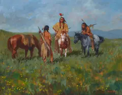 Three Indians by William Henry 'Hank' Ford, circa 1992, oil on Masonite, sold Nov 2023