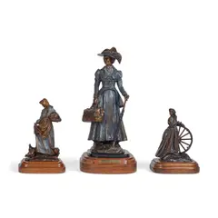 A New Beginning, No Turning Back and The Gathering (a group of three) by Veryl Goodnight, first bronze with blue and golden brown patina, second bronze with brown, green and orange patinas, third bronze with go, sold Nov 2023