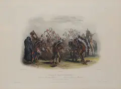 Karl Bodmer, Bison-Dance of the Mandan Indians, 1842, Engraving with hand-coloring on wove paper