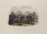 Karl Bodmer, Ischohä-Kakoschóchatä, Dance of the Mandan Indians, c. 1840s, Engraving with hand-coloring on wove paper