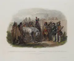 Karl Bodmer, The Travellers Meeting with Minatarre Indians, c. 1840, Engraving with hand-coloring on wove paper