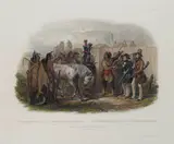 Karl Bodmer, The Travellers Meeting with Minatarre Indians, c. 1840, Engraving with hand-coloring on wove paper