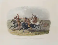 Karl Bodmer, Horse Racing of Sioux Indians, c. 1839, Engraving with hand-coloring on wove paper