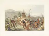 Karl Bodmer, Fort MacKenzie, c. 1842, Engraving with hand-coloring on wove paper
