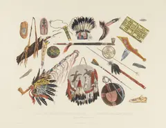 Karl Bodmer, Indian Utensils and Arms, c. 1840s, Aquatint and engraving with hand-coloring on wove paper