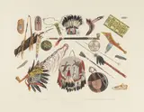 Karl Bodmer, Indian Utensils and Arms, c. 1840s, Aquatint and engraving with hand-coloring on wove paper