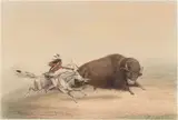 George Catlin, Buffalo Hunt, Chase, from The North American Indian Portfolio, c. 1844, Lithograph with hand-coloring on wove paper