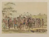 George Catlin, Archery of the Mandans, 1845, Lithograph with hand-coloring on wove paper
