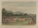 George Catlin, Ball-Play Dance, from the North American Indian Portfolio, c. 1844, Lithograph with hand-coloring on wove paper
