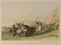 George Catlin, Attacking the Grizzly Bear, No. 19, n.d., Lithograph with hand-coloring on wove paper