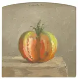 Robert Kulicke, Half-Green Tomato with Slice Removed on Grey Background