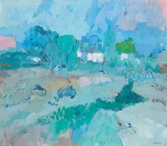 John Heliker, Spring Landscape with White Houses, 1966, oil on canvas