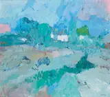 John Heliker, Spring Landscape with White Houses, 1966, oil on canvas
