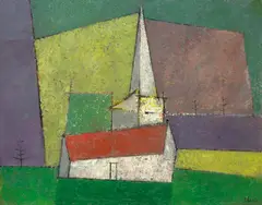 Charles Green Shaw, New England Church, 1949, oil on canvasboard