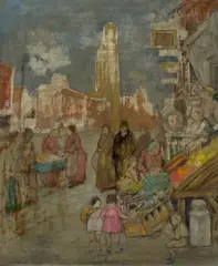 Jerome Myers, Street Scene with Fruit Stand, oil on canvas