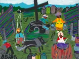 Bernice Johnson Sims, Working at the Well, acrylic on Masonite
