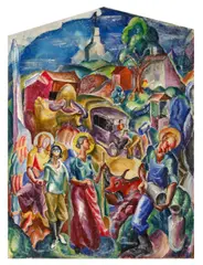 James Daugherty, Rural Life, Holy Milly and the New Ford Car, oil on shaped canvas