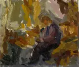 Eugenie Baizerman, Saul Carving Plaster Statuettes, 1933, oil on unstretched canvas