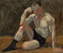 Mark Beard, Untitled (Seated Male Figure, One Arm Up), 1997, oil on board