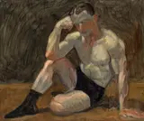 Mark Beard, Untitled (Seated Male Figure, One Arm Up), 1997, oil on board
