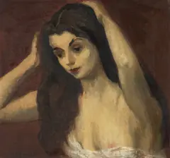 Woman with Upraised Arms by Moses Soyer, oil on canvas, sold Aug 2023