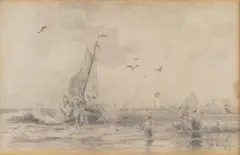Hermann Herzog, Fishing Boat Pushing Off From a Beach Through the Surf with a Lighthouse Beyond, graphite on paper