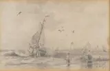 Hermann Herzog, Fishing Boat Pushing Off From a Beach Through the Surf with a Lighthouse Beyond