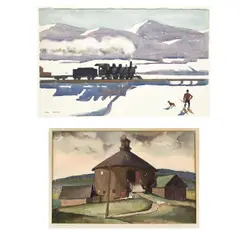 Paul Sample, Vermont Winter and Evansville Round Barn: Two Works, watercolor on paper, each