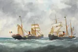 Édouard Adam, The ships La Pacifique and Tropique passing at sea, oil on canvas