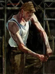 Attacher un nœud / Tying the Knot by Mark Beard, oil on canvas, mounted on masonite, sold Jun 2023