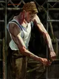 Mark Beard, Attacher un nœud / Tying the Knot, oil on canvas, mounted on masonite