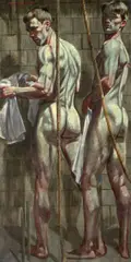 Mark Beard, Deux hommes sous la douche, oil on canvas, mounted on masonite