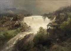 Torrent Through a Mountain Village by Hermann Herzog, oil on canvas, sold Sep 2022
