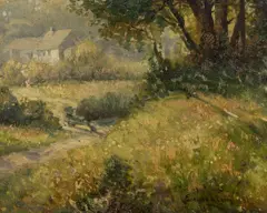 Summer Landscape with Cottage by John Joseph Enneking, oil on canvas, sold Sep 2022
