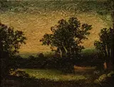 Ralph Albert Blakelock, Lake, Indians and Canoe, oil on canvas