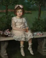 Louise Cox, Girl in Pink Seated on a Bench, oil on canvas