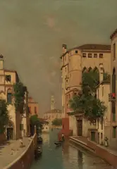 Venice Canal by Warren Sheppard, oil on board, sold Sep 2022