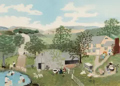 Grandma Moses, May, Making Soap, Washing Sheep, 1870, oil on Masonite