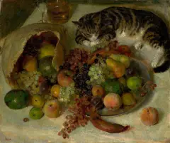 John Koch, Still Life with Fruit and Cat, oil on canvas
