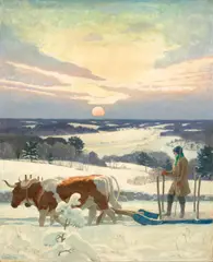 N. C. Wyeth, A Man of a Certain Probity and Worth, Immortal and Natural (New England; The Wood Sled), 1936, oil on Renaissance panel